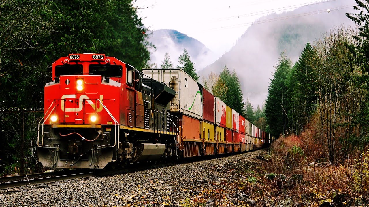 CN Freight Trains Curving Thru Canada’s Fraser Canyon On CP’s Cascade Sub