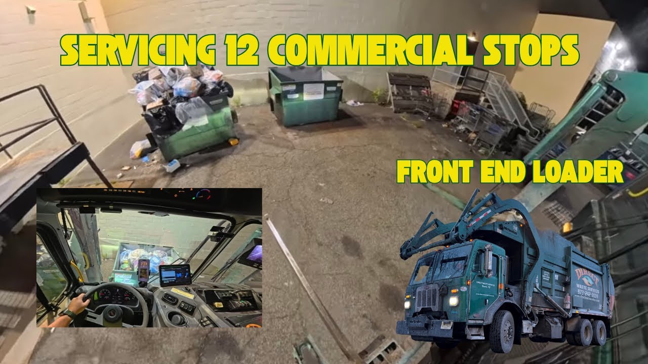 POV Garbage Truck | Dumping 12 Commercial Dumpsters (Front Loader Hopper View)