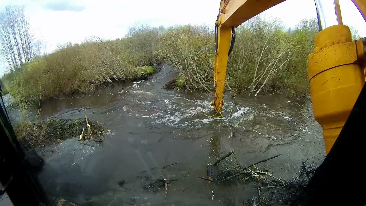 Снос плотины бобров экскаватором JCB180