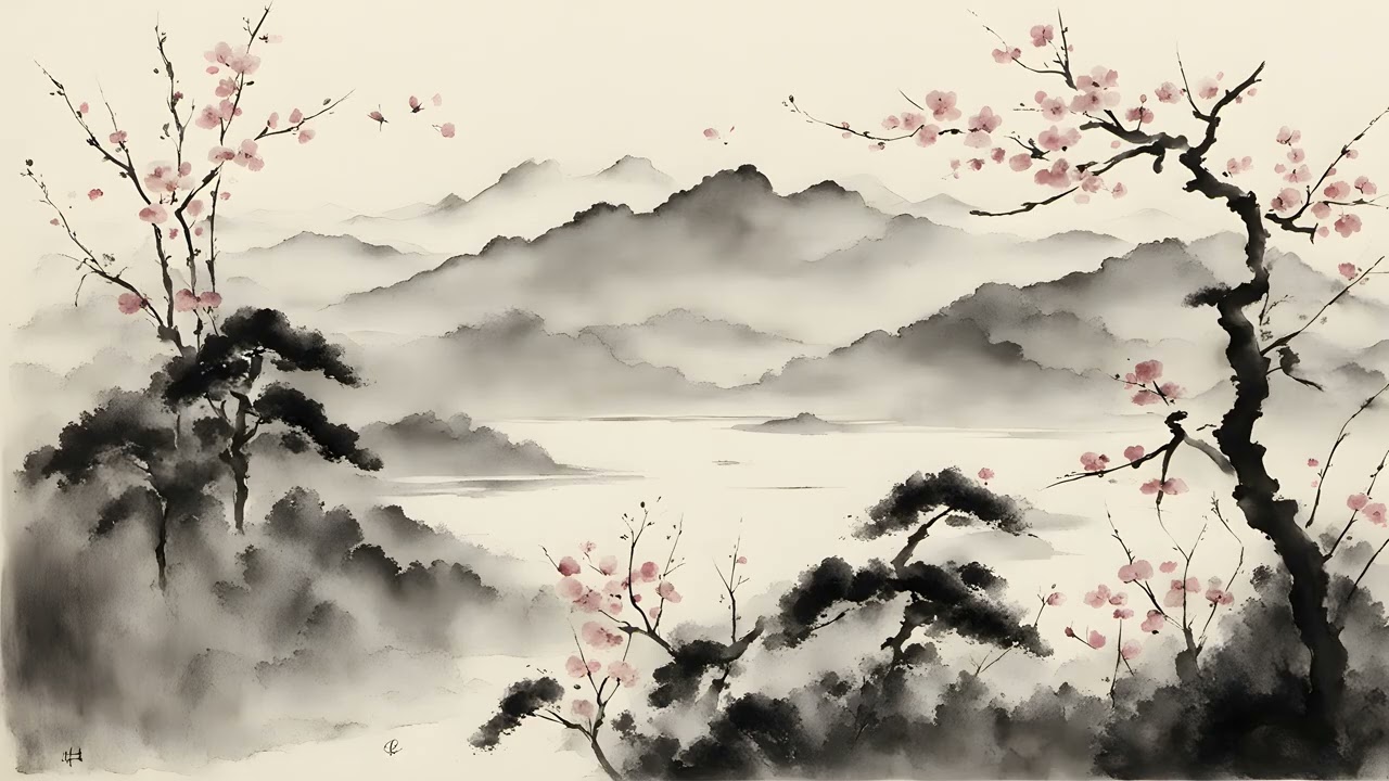 4K Japanese Ink Wash Landscapes (Cherry Blossoms) | 2 Hour Fine Art Slideshow | No Music