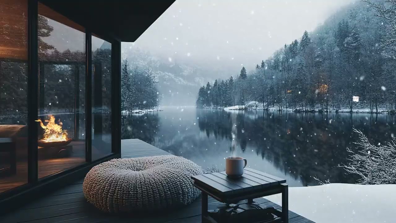 Norsk ASMR vinterstemning med peis, fjell og rolig snø for avslappende søvn