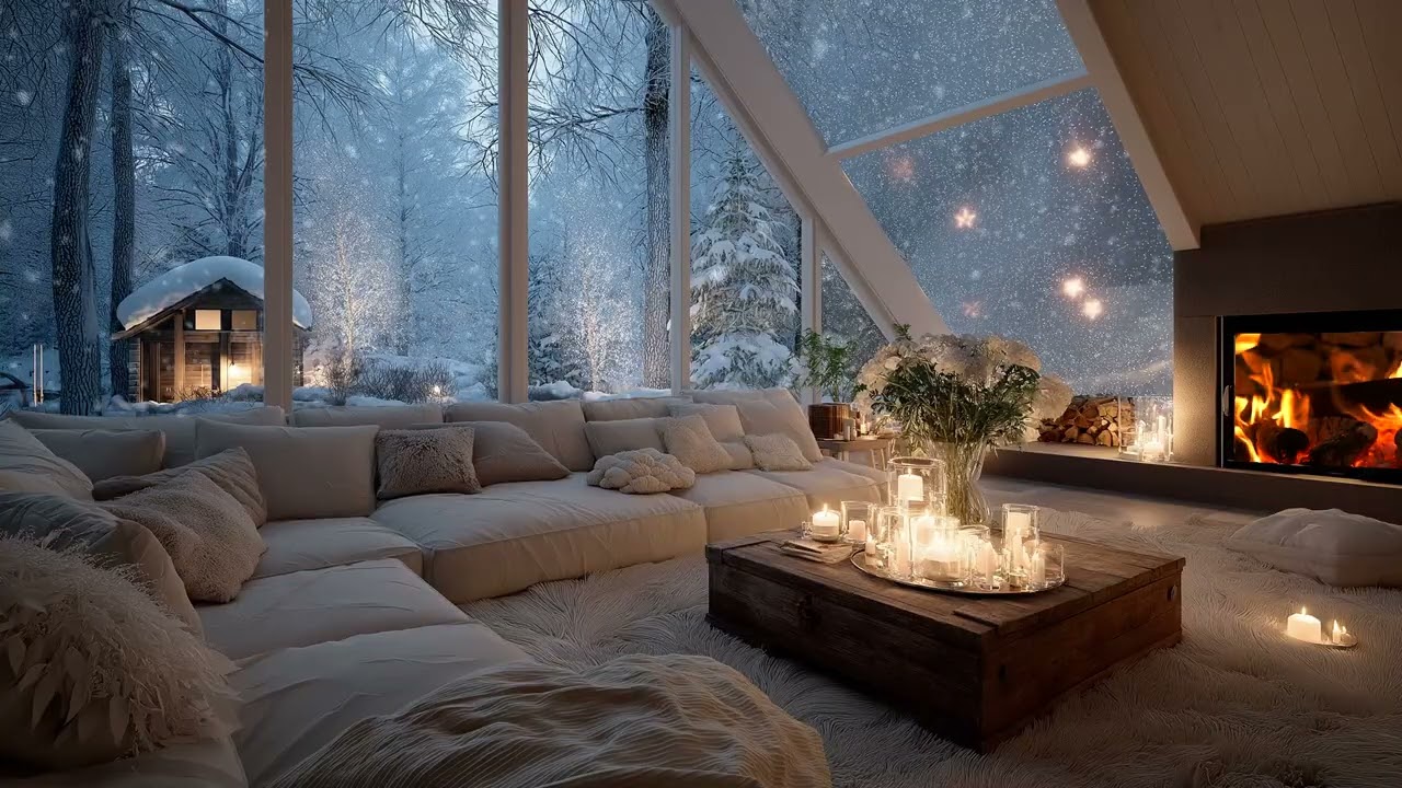 🌨️🎹 Relaxing Piano Music | White Lounge Fireplace Snow Outside | 5 Hours Stress Relief Study Relax