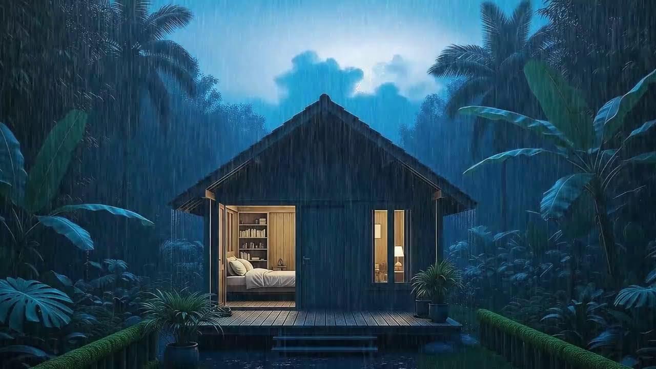 Rain and Soft Thunder Ease Brain for Sleep in a Hidden Jungle Cabin 🌧️