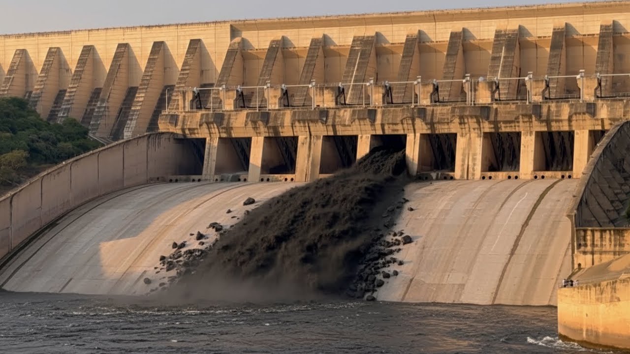 20,000 liters per second water released by massive dam spillway opening 