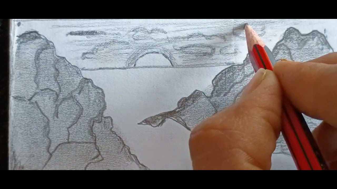Learn to draw natural drawing of lake and mountain and plants and sun