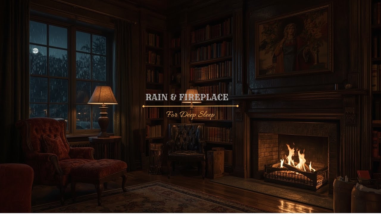 Peaceful Reading Room Ambience 🌙 Rainfall Outside, Warm Fire Inside