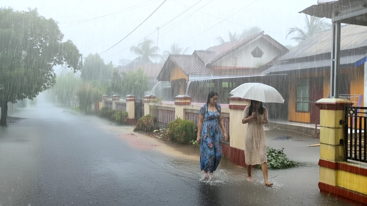 Super Heavy Rain & Thunderstorms in a Beautiful Green Village ⚡ Relaxing Rain Walk for Sleep
