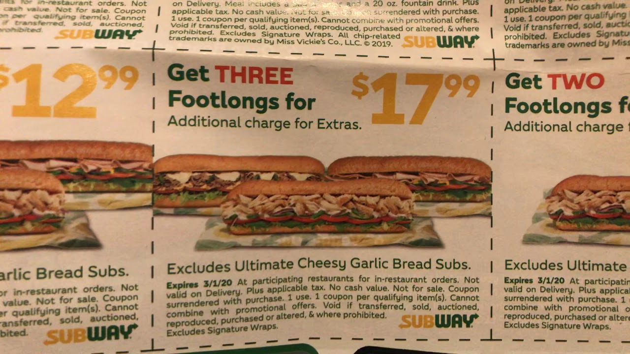 Subway Coupon - Get THREE Footlongs for $17.99 - Exp 3/1/2020