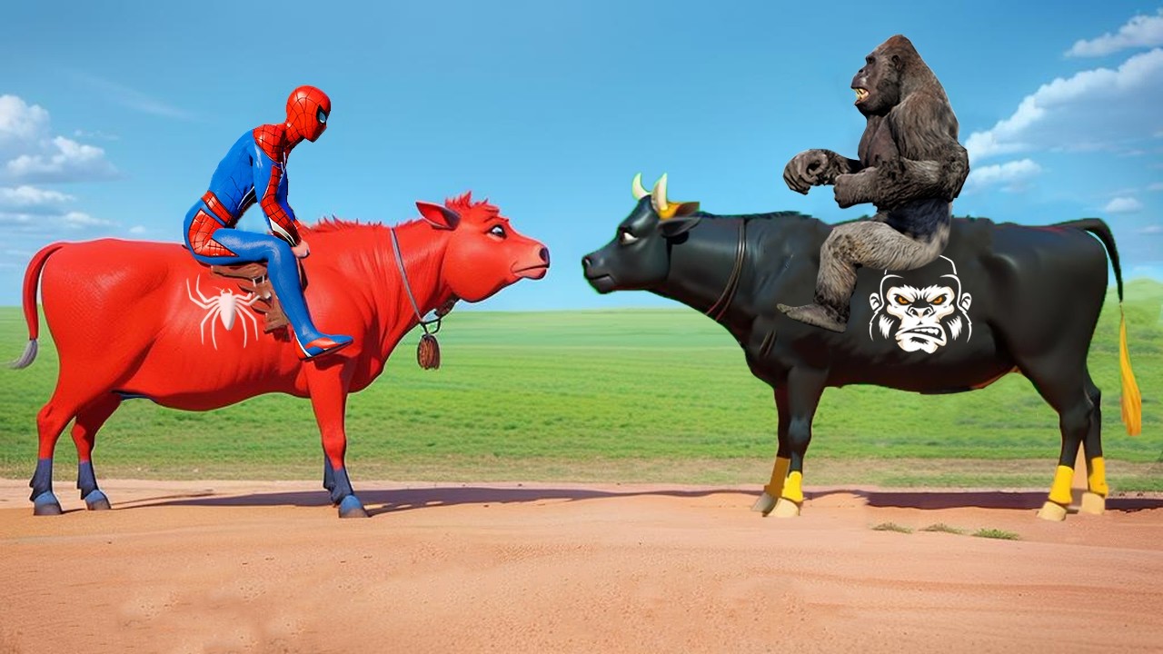 Pro 5 Spider-Man Cow vs Gorilla With Dance Ride on Bridge Shark Spiders | Funny Game Cows Superhero