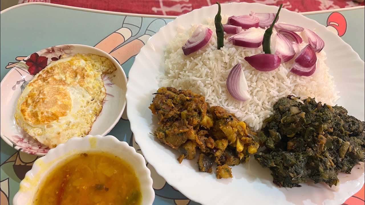 MUKBANG Eating Spicy Fish Vorta, Sag, EGG Poach , Masoor Dal, Basmati Rice , Onions Green Chili #ai 