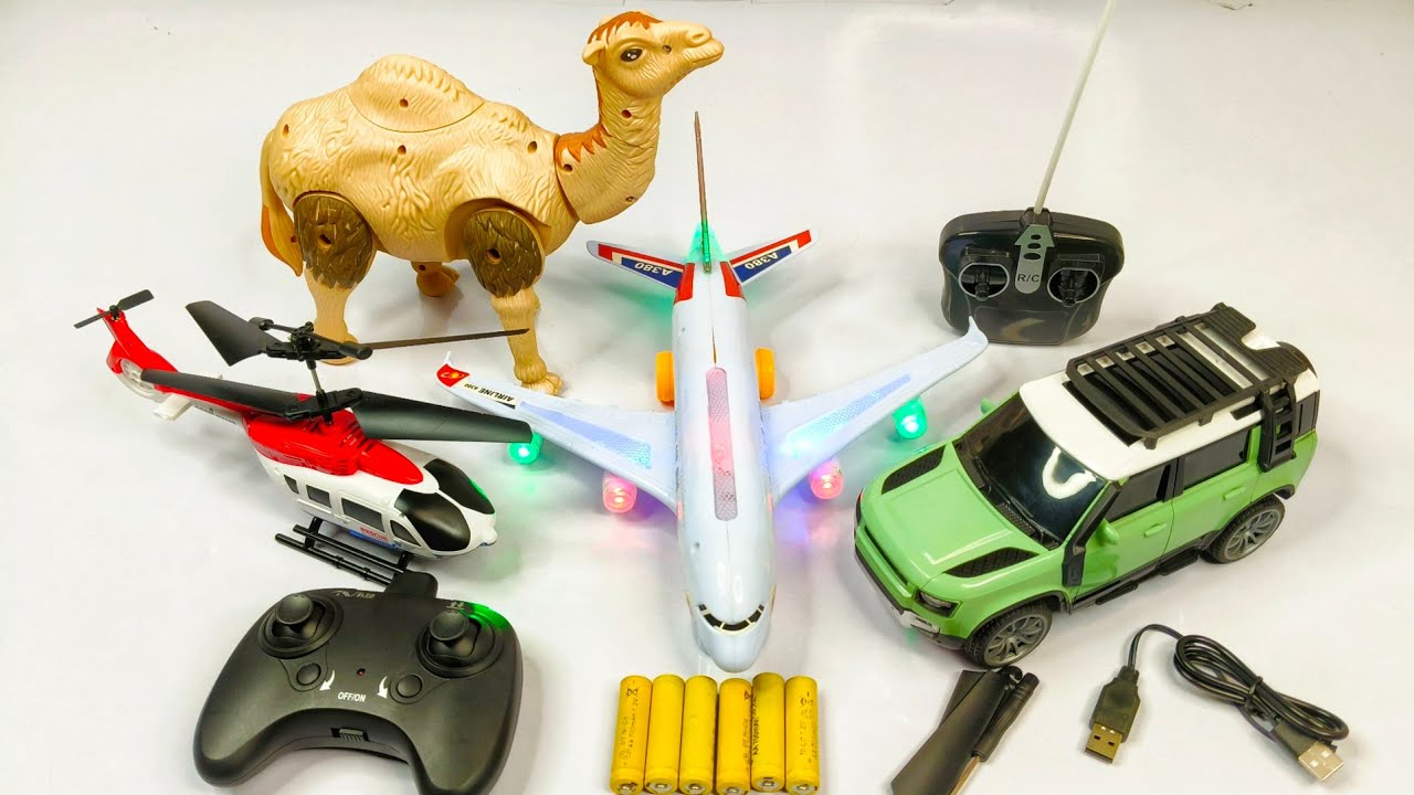 Unboxing RC Rescue Helicopter and RC Defender Car and Lighting A380 Airplane and Electric Camel Toy 