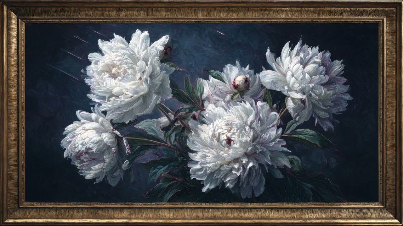 Vintage White Peonies Painting | TV Art with Gold Frame | Artistic Screensaver | 8 Hours