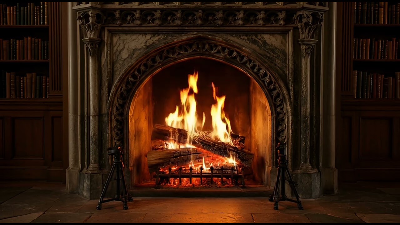 1 HOUR Cozy Gothic Library Fireplace Ambience 🔥 Crackling Fire & Rain ASMR 🏛️📖
