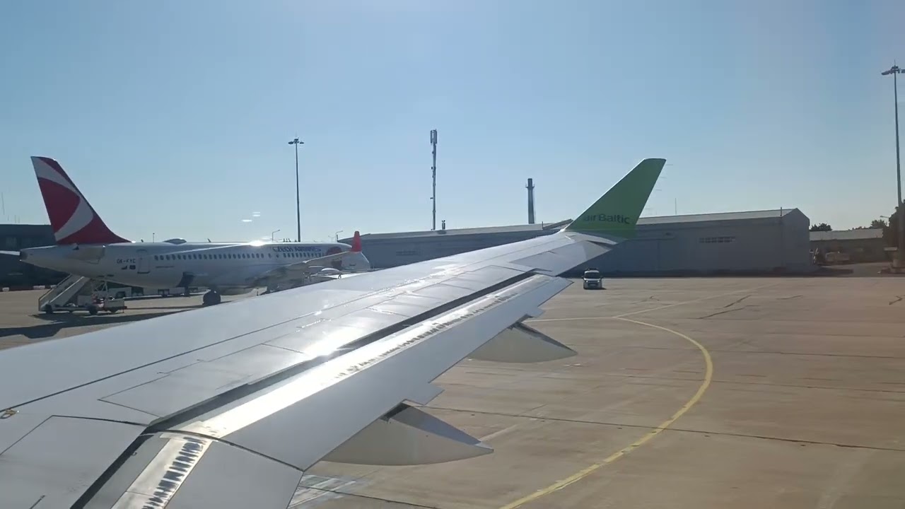Air Baltic Airbus A220 start, taxi and takeoff from Burgas (BOJ/LBBG) | Bumpy runway