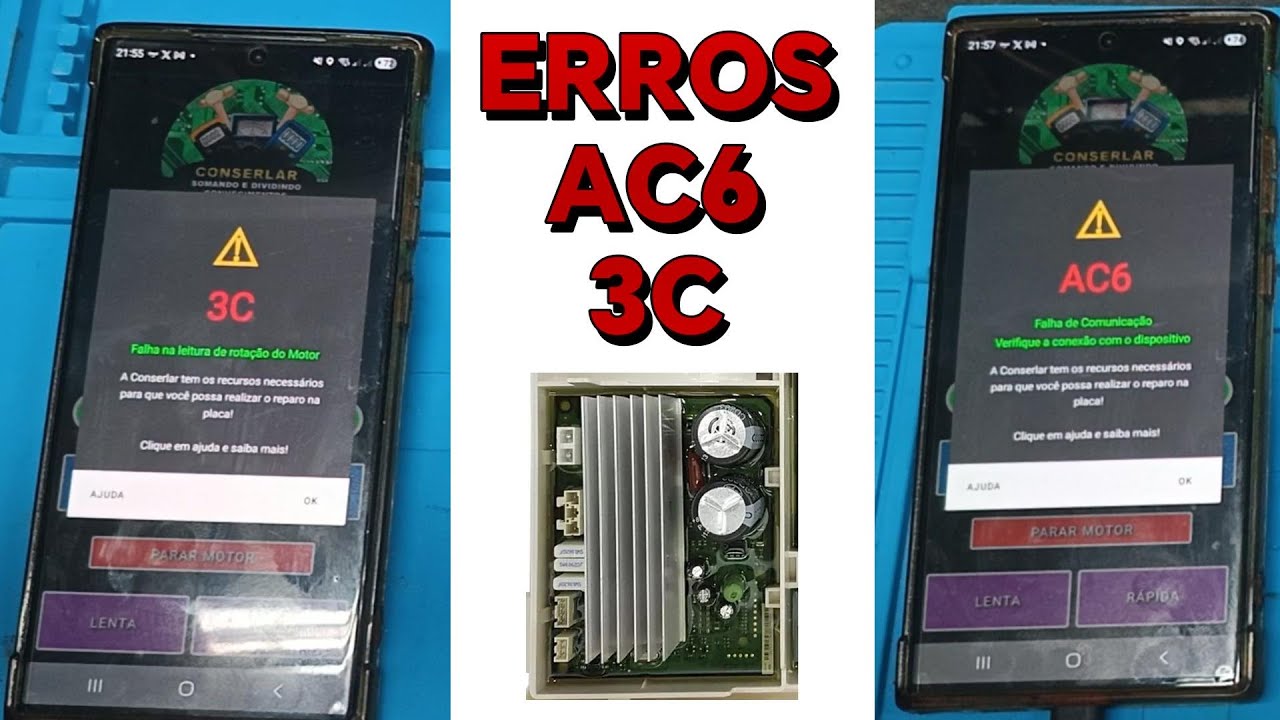 (2) MANUAL DO USUÁRIO EM APP E CONSER TEST SCAN PLACA INVERSORA LAVA E SECA SAMSUNG ERROS AC6 E 3C.