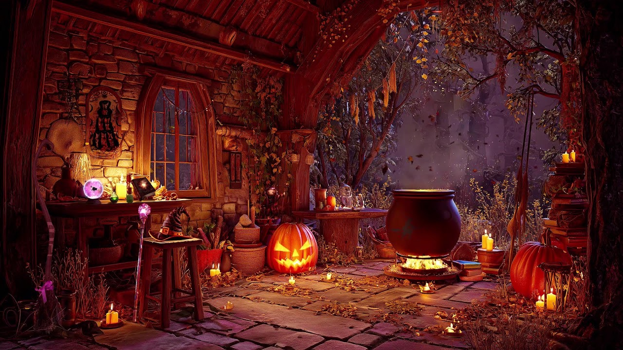 Wicked Witch&rsquo;s Forest Cottage | Halloween Ambience | Flying Witch, Bubbling Cauldron, Fall Leaves...