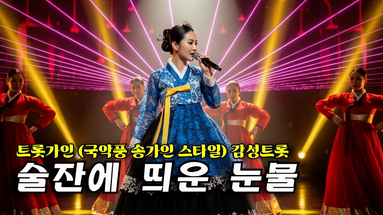 술잔에 띄운 눈물 | 트롯가인 국악풍 (송가인 스타일) 감성 트롯 | 주름진 손으로 술잔을 기울이며지난 세월의 아픔을 달래보네외롭고 쓸쓸한 나그네 신세 이 밤이 새도록 님을 그리네