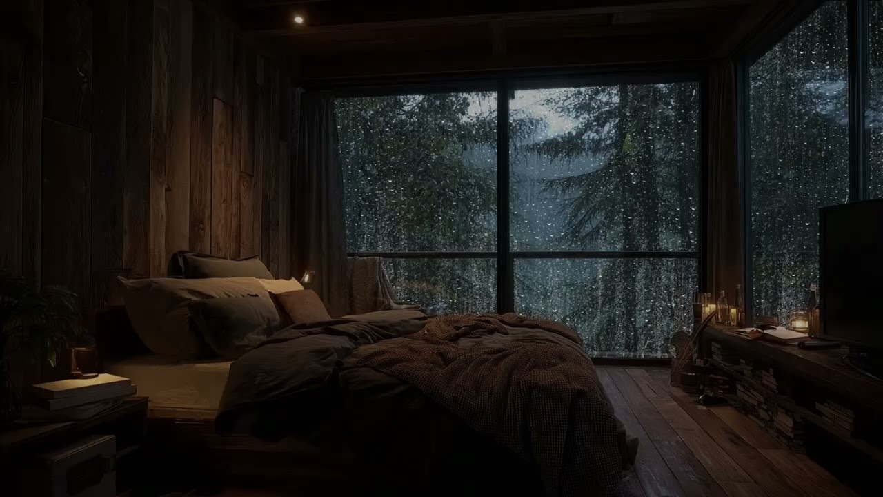 Rain Sounds in Rustic Wooden Cabin Bedroom 🌧️ Heavy Rain on Window for Reading & Deep Sleep