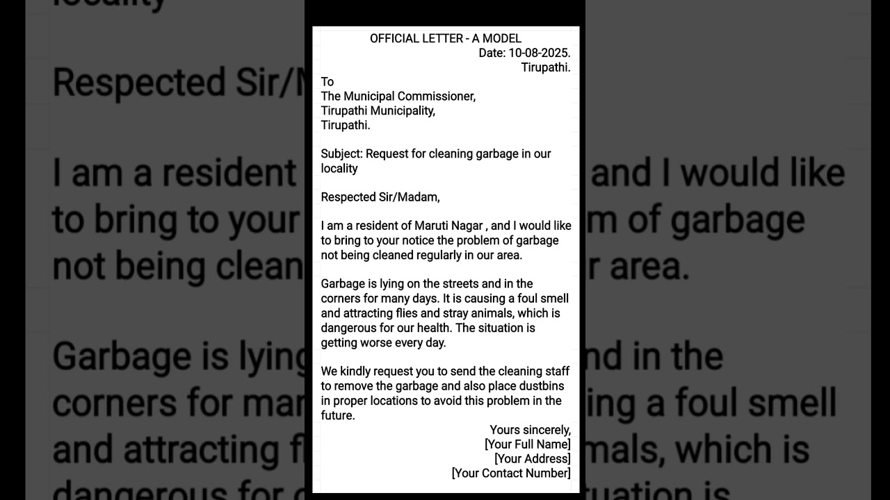 Official Letter format. A MODEL. A letter to the municipal commissioner about removing garbage
