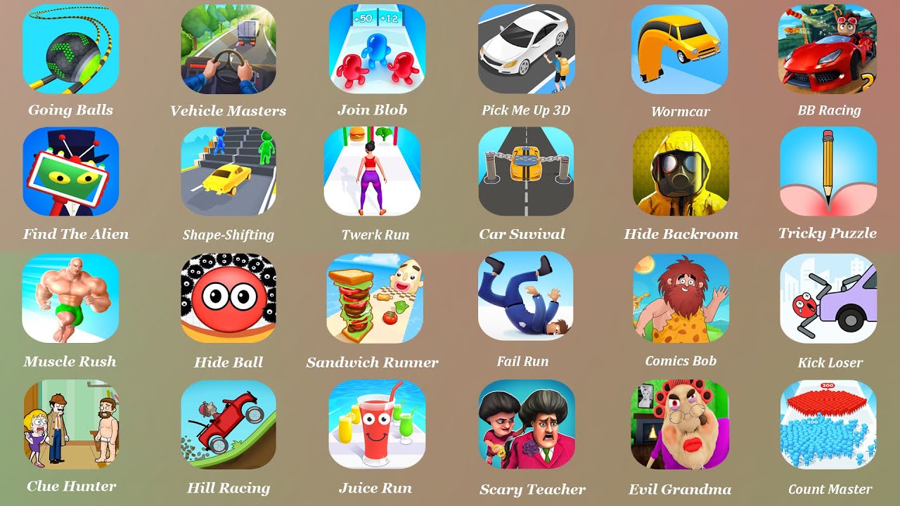 Twerk Run,Count Master,Hide Ball,Fail Run,Join Blob Clash,Shape Shifting,Vehicle Masters,CarSurvival