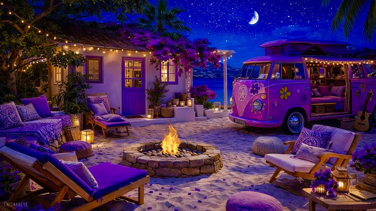 Lavender Campfire by the Sea 💜🌙 Deep Sleep Ambient | Relaxing Ocean & Night Nature Sounds