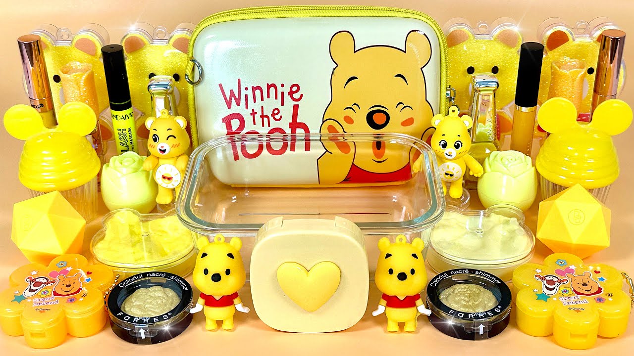 Winnie Pooh SLIME 💛 Mixing yellow Makeup Glitter and Beads into Clear Slime. ASMR Slime triggers.