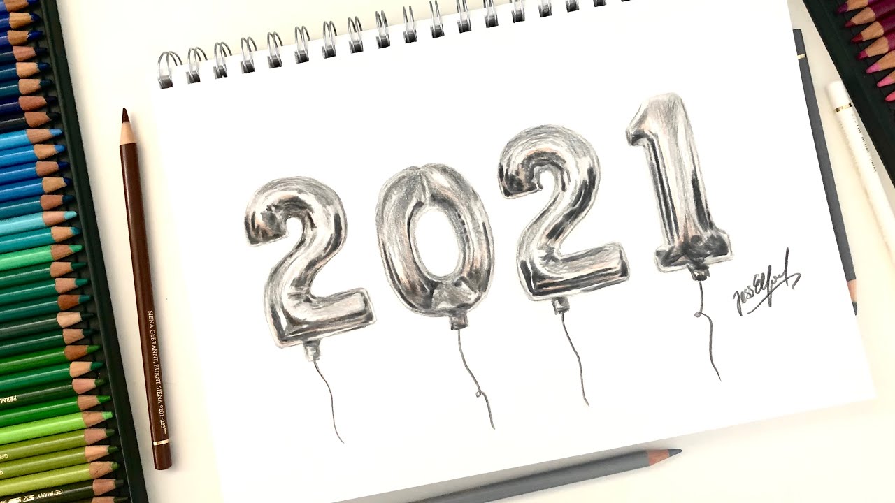 HOW TO DRAW SILVER FOIL BALLOONS | HAPPY NEW YEAR | drawing metallic objects with coloured pencils
