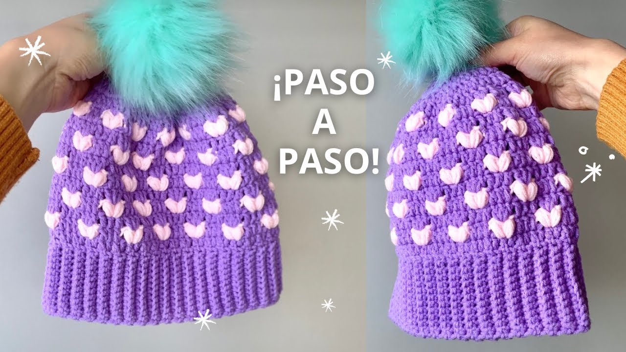 Gorro Corazones tejido a crochet MUY FÁCIL 💜| Tutorial Hebras Crochet