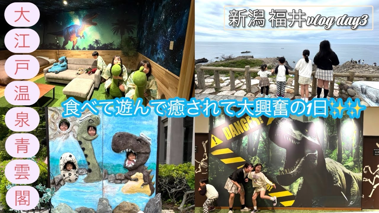 【大江戸温泉青雲閣】福井旅行編！大江戸温泉青雲閣に泊まりました！プレイルームで遊んだり、たらふく食べ放題食べたり、恐竜ルーム🦕🦖見せて貰ったり大満足大興奮の１日✨✨ ｛新潟福井vlog