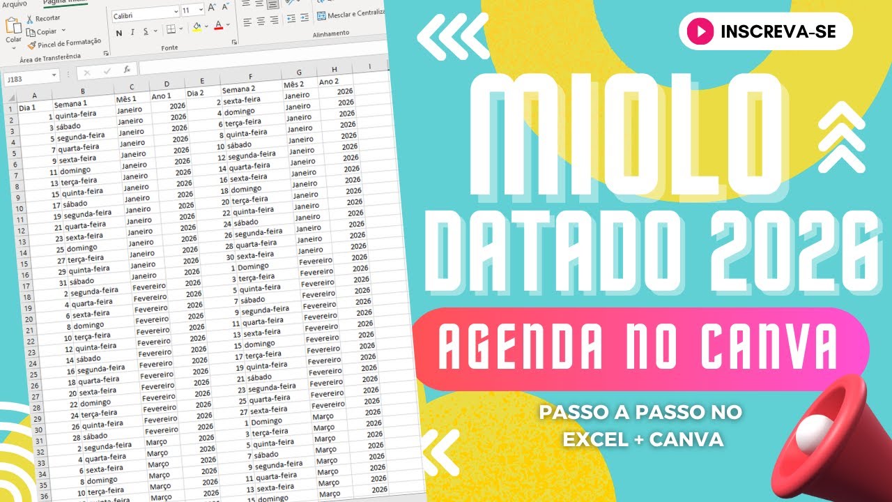 AULA 1 - COMO CRIAR MIOLO AGENDA DATADA 2026 - CALENDÁRIO I NO CANVA/EXCEL