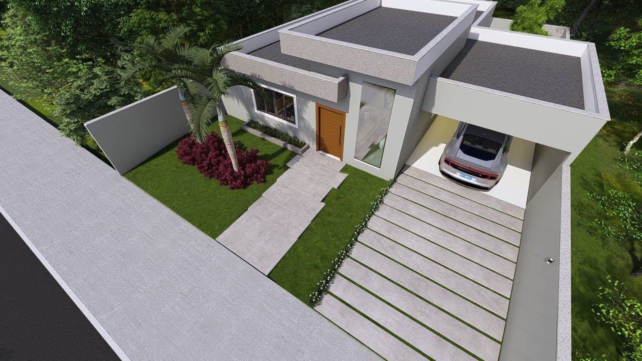Projeto de Casa em 3D com Pé direito alto e cozinha americana