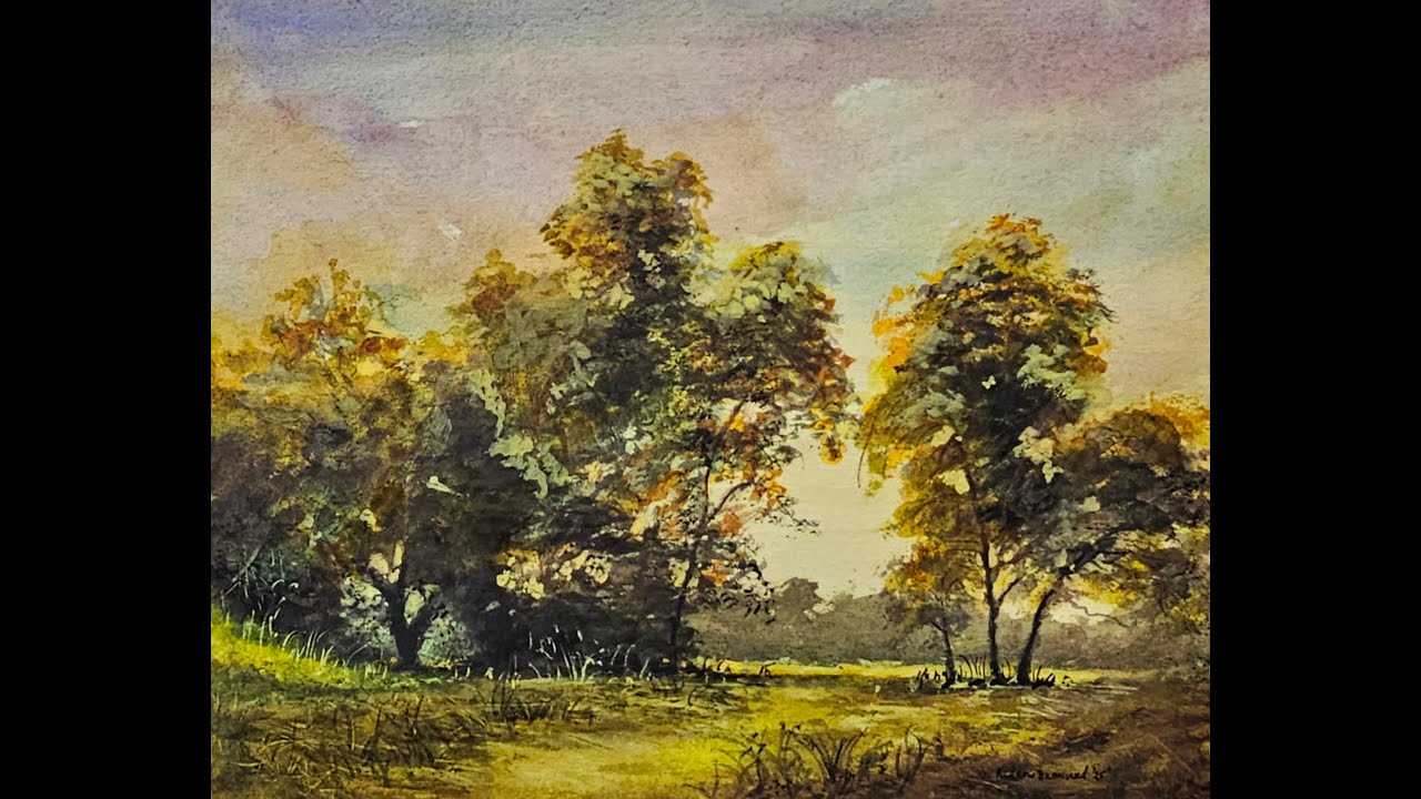 Watercolor Landscape painting tutorial:  Luminist Tonalist Path and Tree line Part 1 real time