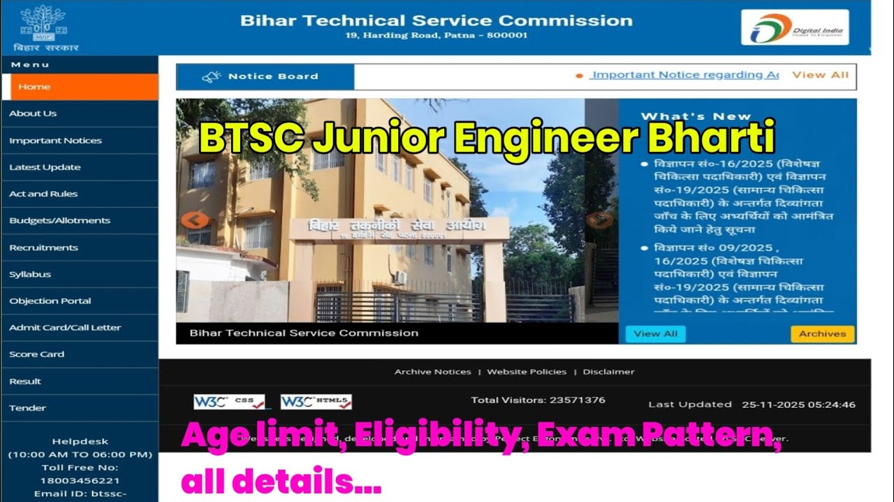 BTSC JE Vacancy 2025| Machanical/Civil/Electrician Online Form Apply 