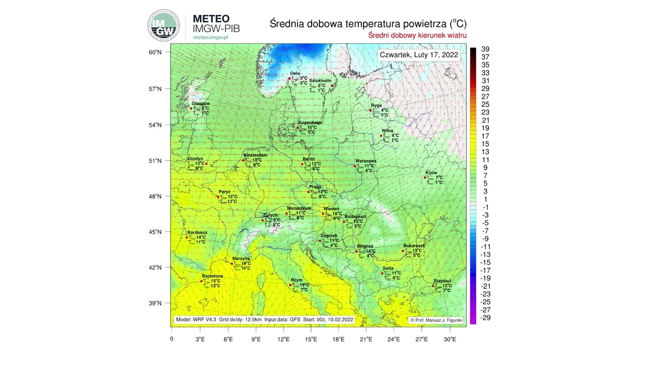 IMGW-PIB: Prognoza WRF-GFS Medium (max./śr./min. temp. na 2 m w &deg;C) od 11.02 do 25.02.2022 w Europie