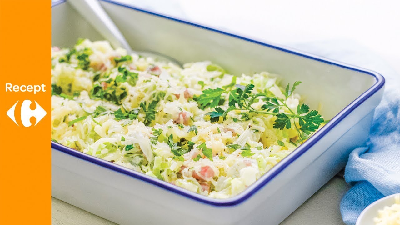 Aardappelschotel met spekjes en prei