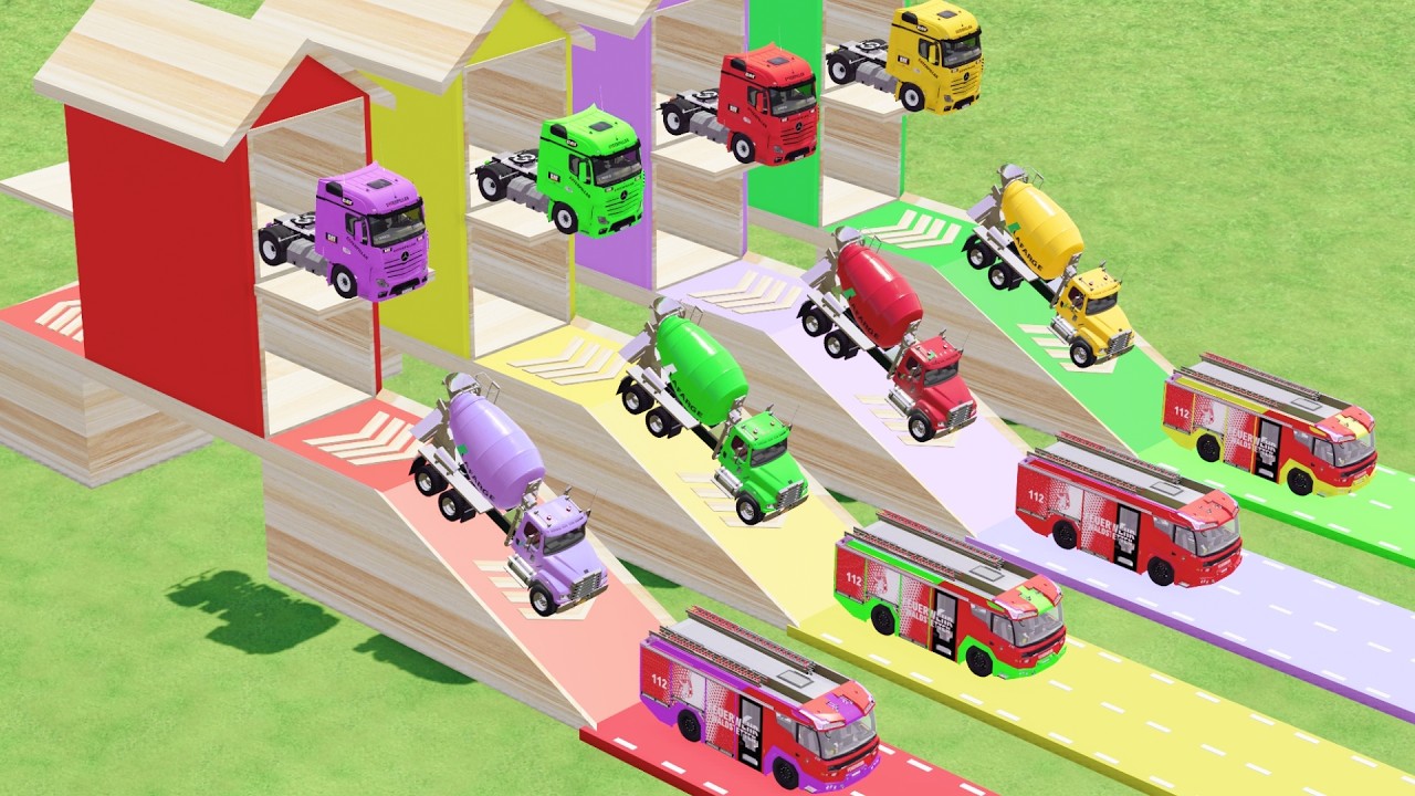 Garage with Colors - ALL MIXER TRUCK WITH DOUBLE FLATBED TRAILER TRUCK SCANIA, MIXER FIRE