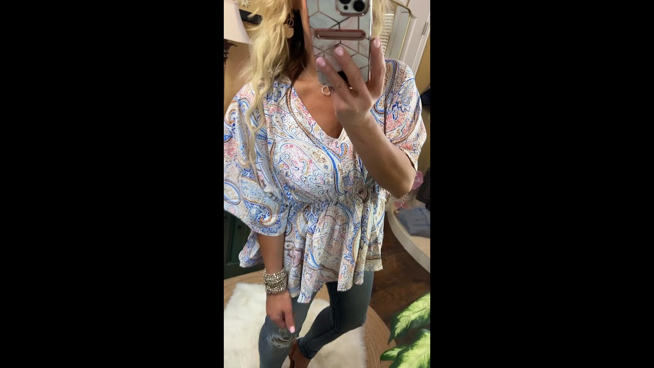 Empire Paisley Printed Dolman Sleeve Top, Blue and White