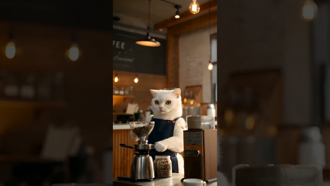 두부의 첫 에스프레소 그리고 서빙 - Tofu First Espresso and Serving #카페고양이 #귀여운영상 #힐링영상  #ai영상 #ai고양이  #카페감성