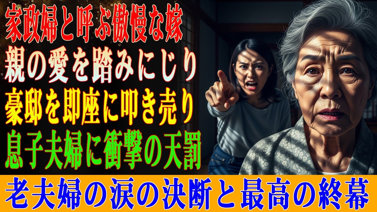 【実話】「家政婦の分際で口答えすんな！」親の脛をかじり尽くす傲慢嫁に2.5億円の豪邸を即売却。親の愛をゴミ箱に捨てた息子夫婦への衝撃の報復。天罰を下した老夫婦が選んだ、涙の決断と最高の終止符。