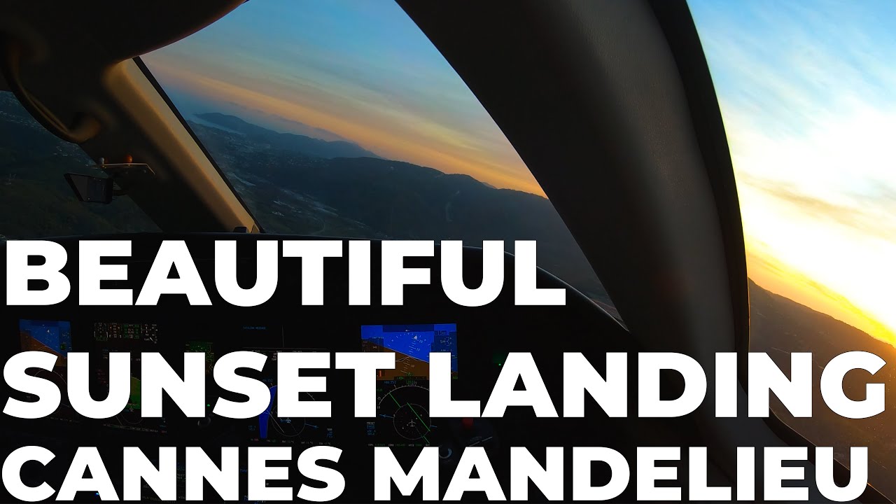 BEAUTIFUL SUNSET Cessna Citation CJ4 Cockpit Landing Cannes-Mandelieu, LOC A/VPT A Runway 17 (4K)