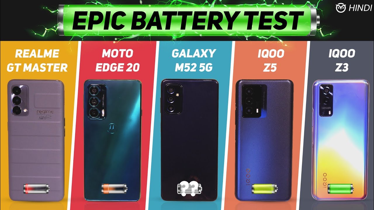 Samsung M52 5G vs iQOO Z5, Moto Edge 20, Realme GT Master Battery Drain Test | Charging | Gaming