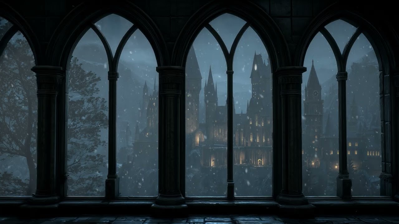 Harry Potter Midnight Window View - Hogwarts Winter Ambience & Wind Sounds for Study and Sleep
