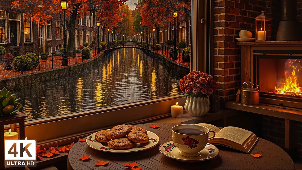 Beautiful Amsterdam Autumn Evening 🍂 Smooth Jazz Caf&eacute; Ambience with Rain & Fireplace for Focus, Work