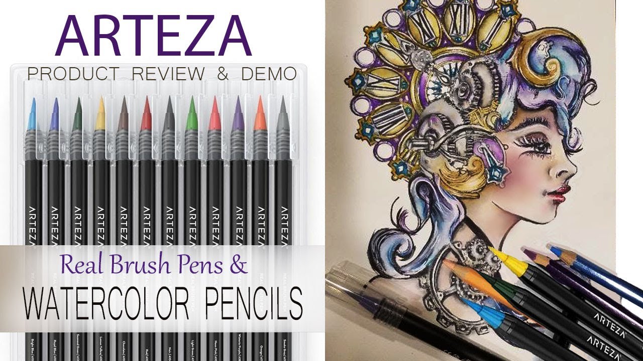 Arteza Real Brush Pens & Watercolor Pencils - Product Review & Adult Coloring Demo