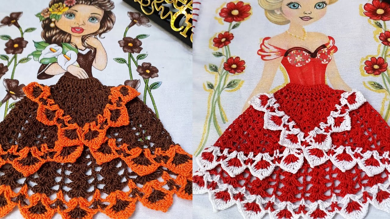 Saia de crochê para boneca pintada no pano de prato #crochet #croche 