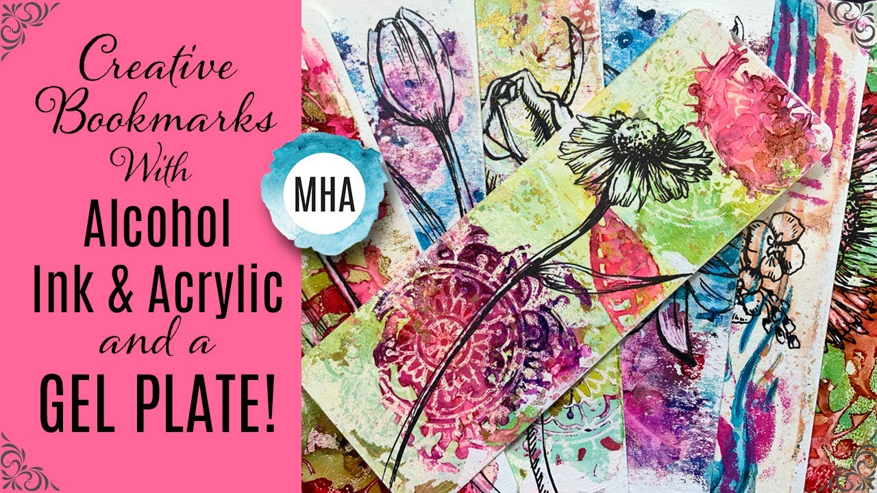 Mixed Media Bookmarks - Step by Step tutorial using a GEL PLATE, Alcohol Ink & Acrylic & ink Flowers