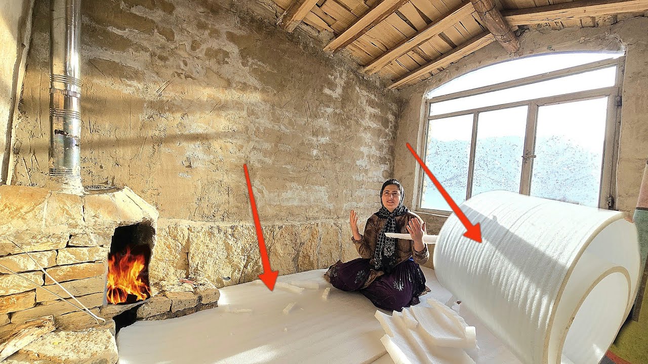 Installing cold-proof foam: Nomadic lady's luxury shelter is warm and cozy