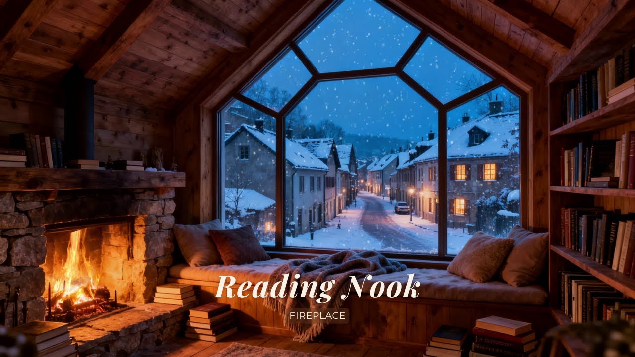 Cozy Reading Nook Ambience | Fireplace, Snowfall & Peaceful Winter Night for Relaxation