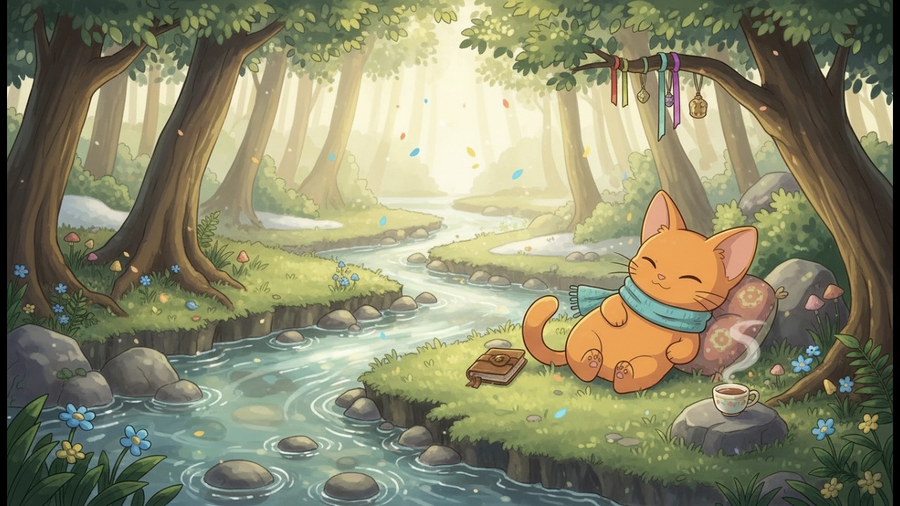 Cozy Fantasy Forest Lofi 🌿 Study & Focus Music with Reading Cat – 3 Hours