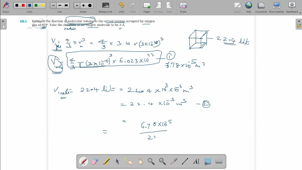Estimate the fraction of molecular volume to the actual volume occupied by oxygen gas at STP.